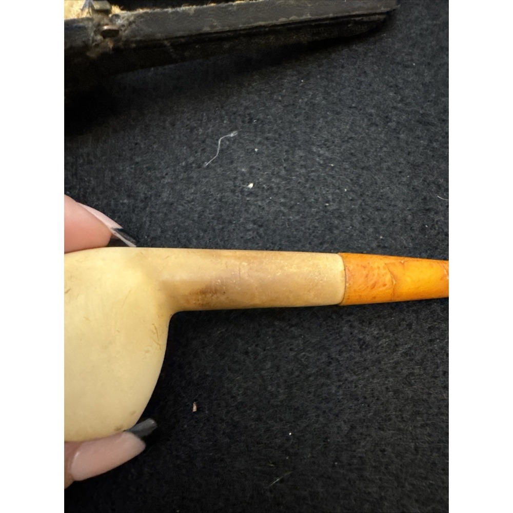 Vintage Block Meerschaum Pipe Amber Stem Hand Carved Estate Tobacco Pipe Case - Picture 6 of 16